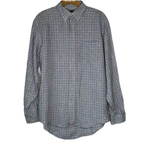 Lands End Baird McNutt Irish Linen 16/34 Blue Plaid Button Down Shirt Classic